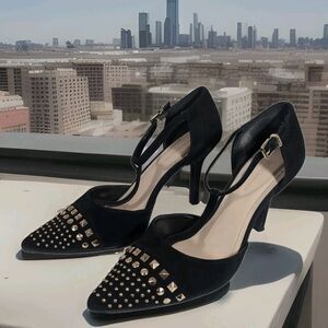 BCBGeneration Size 8 Stud Embellished Pointed Toe Black Faux Suede Stiletto Pump